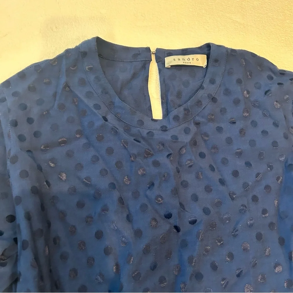 Sandro Paris navy polka dot mini dress fit and flare long sleeve - Picture 7 of 14